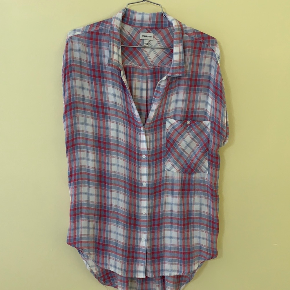 Light Pink/ Blue Plaid Short Sleeve Button Down